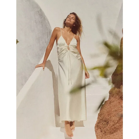 Zara | Dresses | Zara White Midi Dress Size S Midi Vneck Spaghetti Straps  Oyster New W Tags | Poshmark